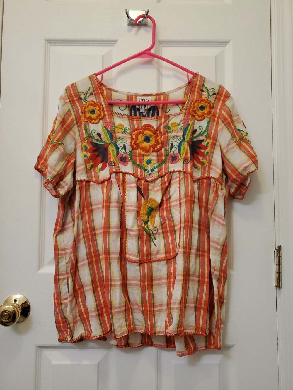 Sister Mary Women's Plaid Short Sleeve Embroidered Floral Blouse